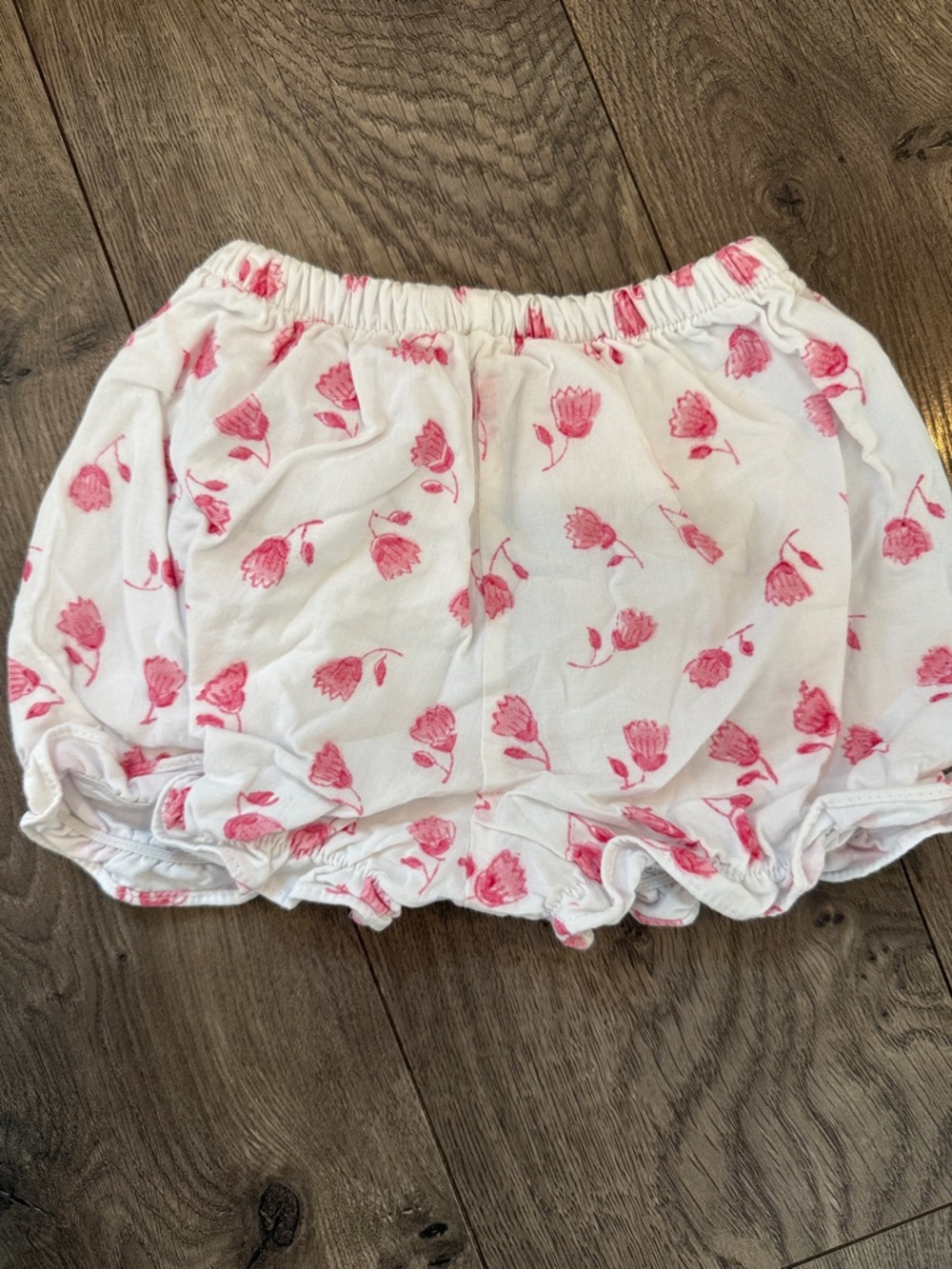 White Baby Bloomers with Pink Floral Print - Elastic Waist Ruffle Shorts